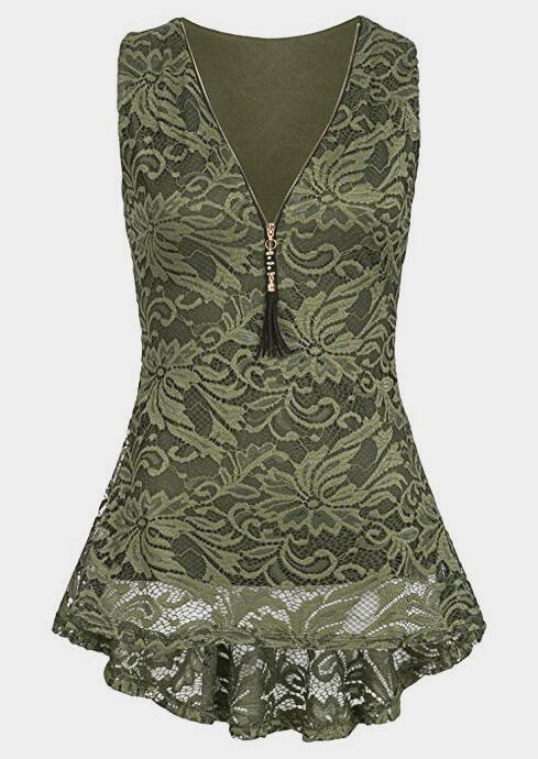 

Solid Lace Splicing Zipper Tank - Army Green, 445695