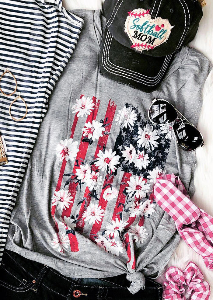 

Tank Tops American Flag Floral O-Neck Tank - Grey. Size, Gray