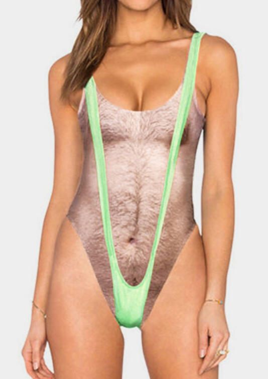 

One-Pieces Chest Hair Printed Splicing One-Piece Swimsuit - Green. Size: S