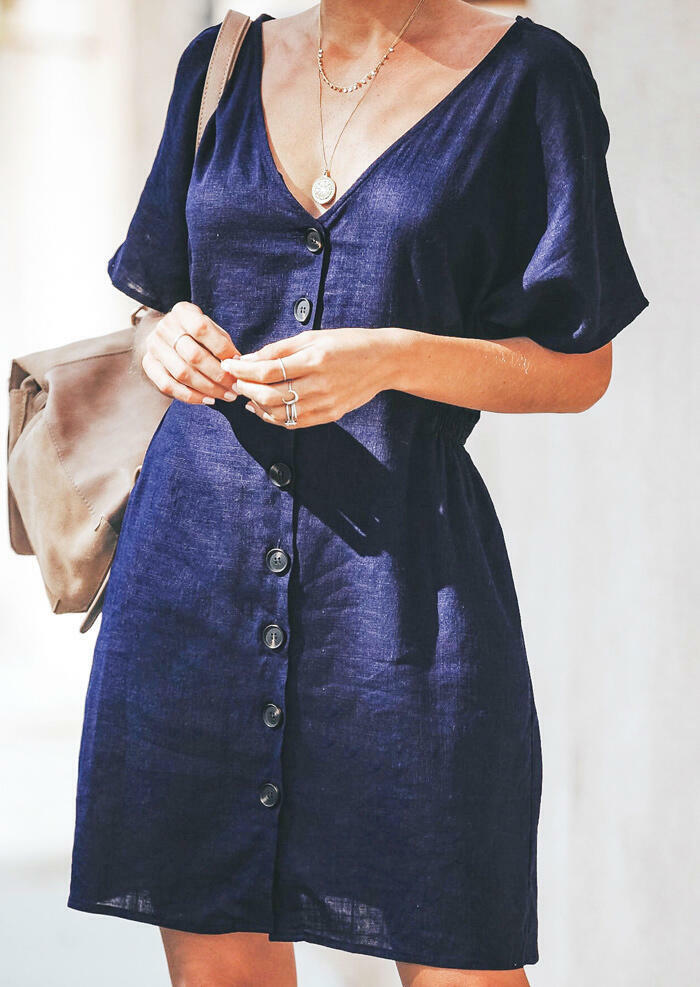 

Solid Button V-Neck Mini Dress without Necklace - Navy Blue, 446030