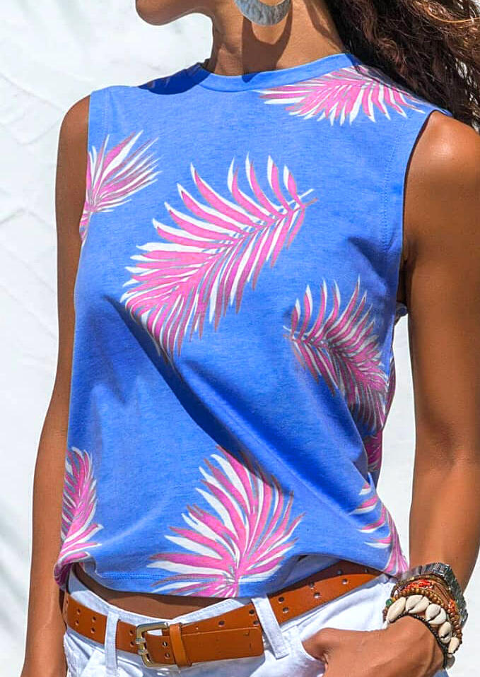 

Leaf Printed Sleeveless Tank - Blue, 446136