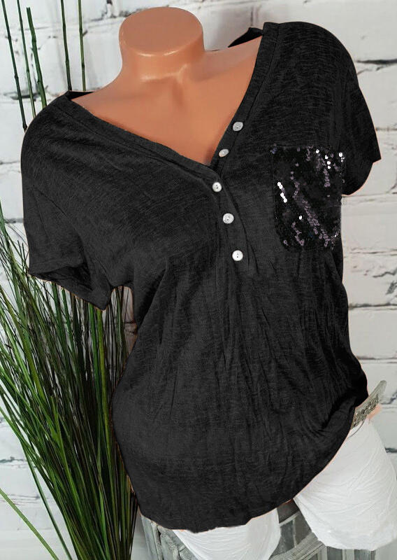 

Sequined Button Pocket Blouse - Black, 446137