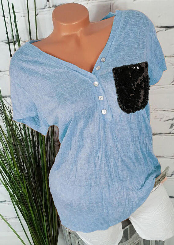 

Sequined Button Pocket Blouse - Light Blue, Lightblue, 446139