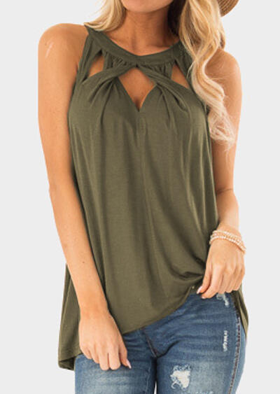 

Solid Halter Criss Twist Hollow Out Tank - Army Green, 446190