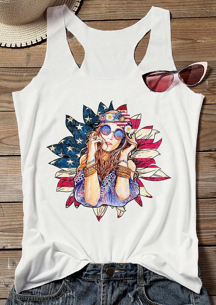 

Tank Tops American Flag Sunflower Printed Tank - White. Size