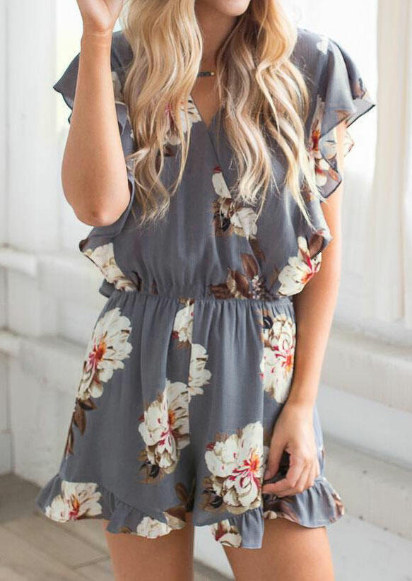 

Jumpsuits & Rompers Floral Ruffled V-Neck Romper without Necklace - Gray. Size