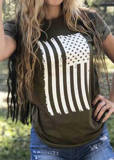 American Flag O-Neck T-Shirt Tee – Army Green