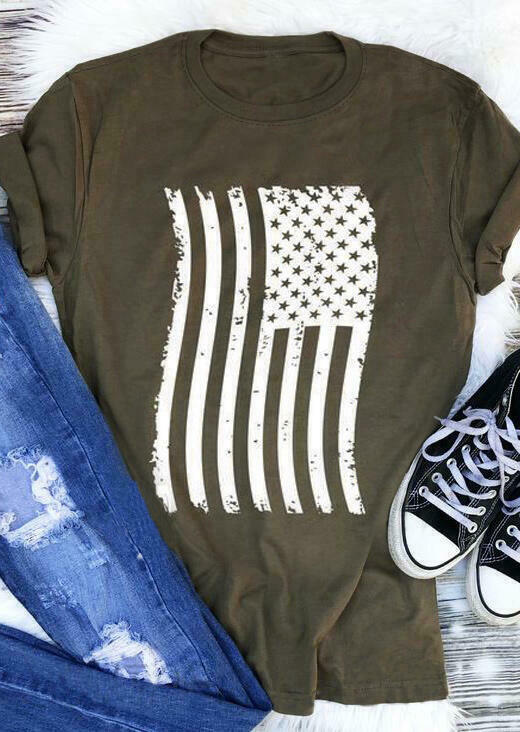 T-shirts Tees American Flag O-Neck T-Shirt Tee - Army Green in Green. Size: 2XL,3XL,L,M,S,XL