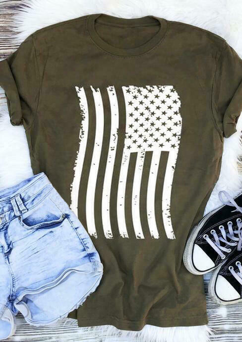 American Flag O-Neck T-Shirt Tee - Army Green