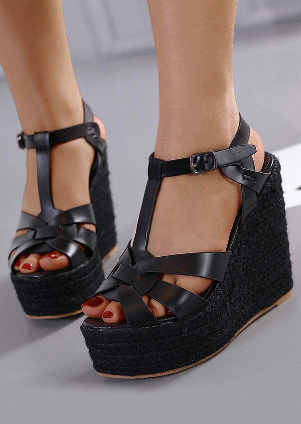 

Solid Buckle Strap Wedges Sandals- Black, 446135