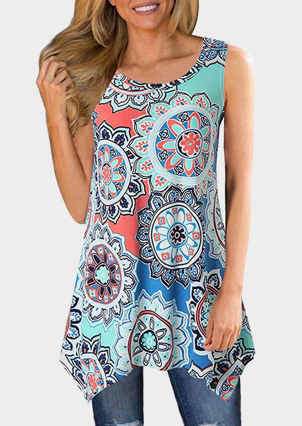 

Tank Tops Mandala Printed Irregular Tank - Blue. Size: ,M