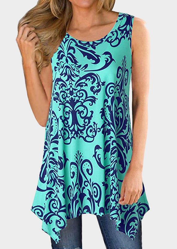 

Printed Irregular O-Neck Tank - Lake Blue, 446160
