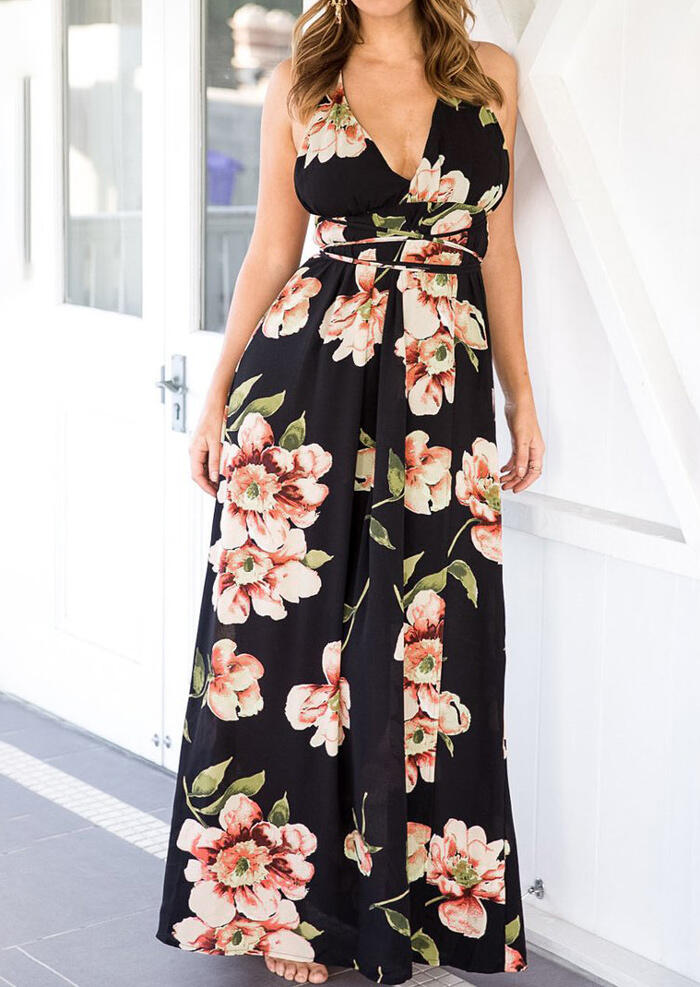 

Floral Wrap Backless Slit Maxi Dress - Black, 446270