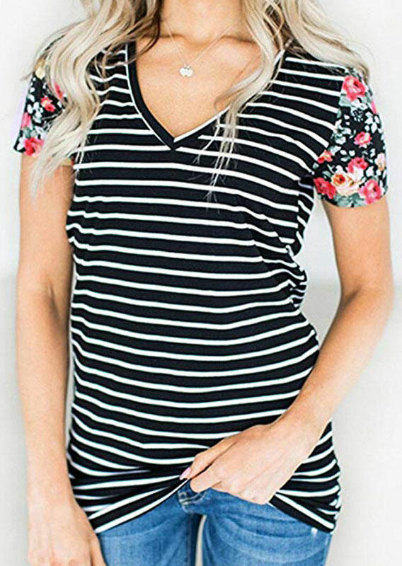 

Floral Striped Splicing V-Neck T-Shirt Tee - Stripe, 446280