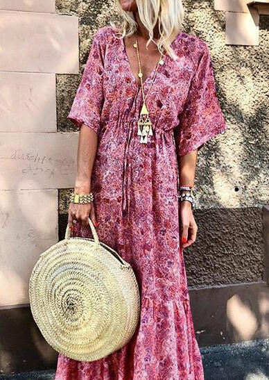 

Printed Ruffled V-Neck Casual Dress without Necklace - Light Purple, 446283, Lightpurple