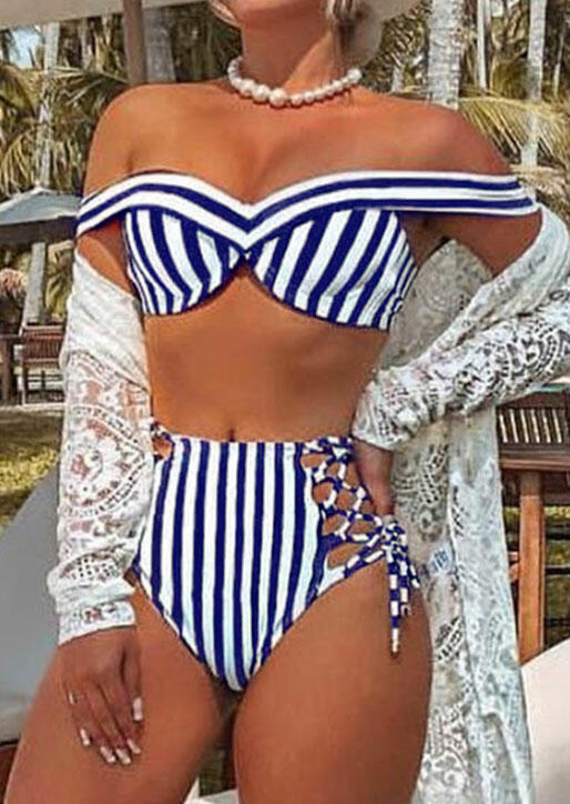 

Striped Lace Up Bikini Set without Necklace - Navy Blue, 446456