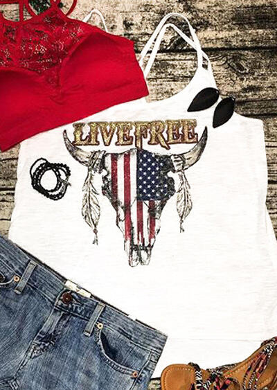 

Tank Tops American Flag Live Free Steer Skull Camisole - White. Size