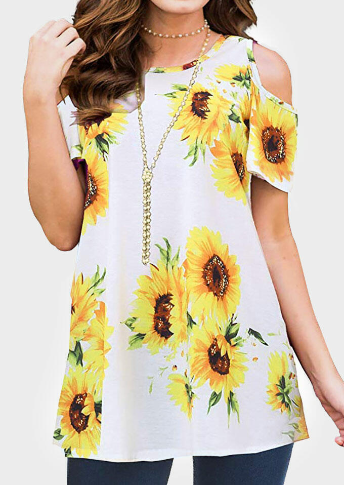 Sunflower Cold Shoulder Blouse without Necklace - White - Fairyseason