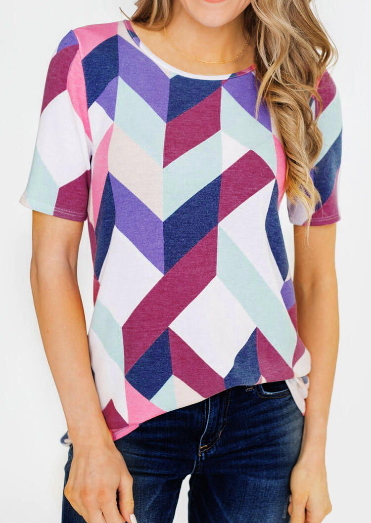 

Geometric Printed O-Neck Blouse - Multicolor, 446549