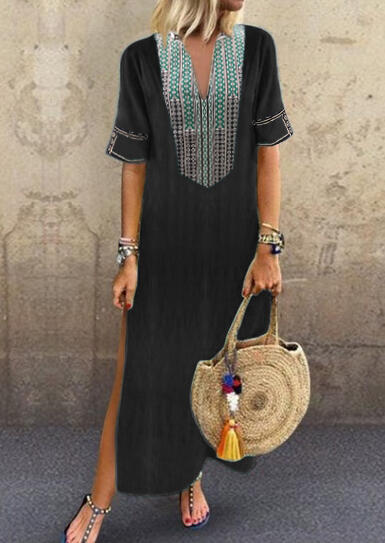 

Geometric Printed Side Slit V-Neck Maxi Dress - Black, 446641