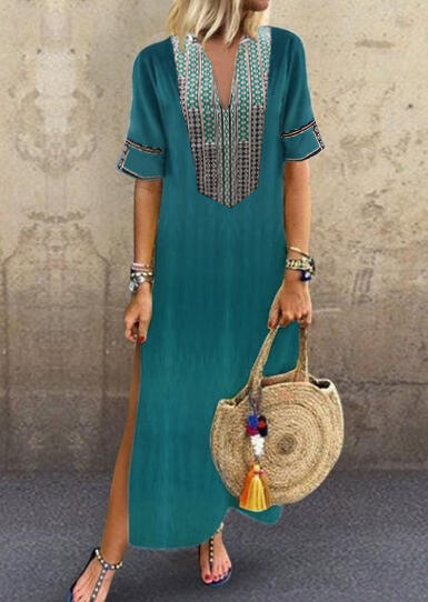 

Geometric Printed Side Slit V-Neck Maxi Dress - Green, 446643