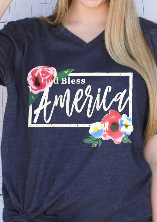 

Floral God Bless America T-Shirt Tee - Deep Blue, 445505