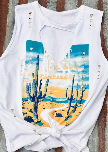 

Tank Tops West Cactus Printed Tank - White. Size