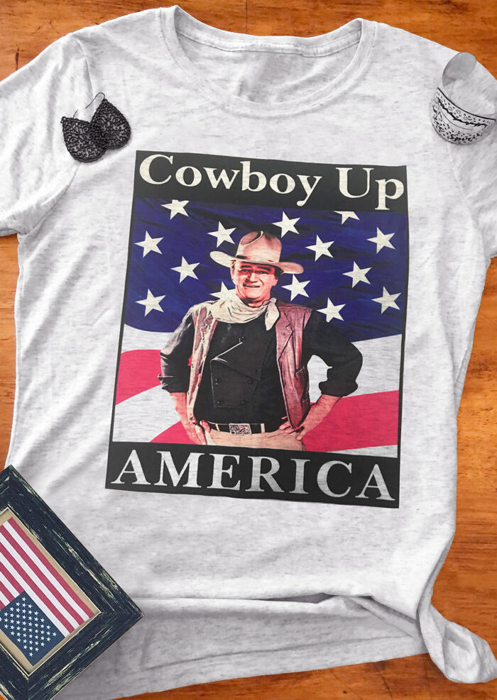 

Cowboy Up American Flag T-Shirt Tee - Light Grey, 446705