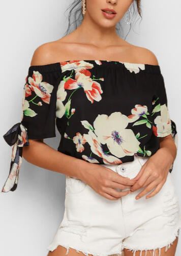 

Floral Off Shoulder Tie Blouse - Black, 446789