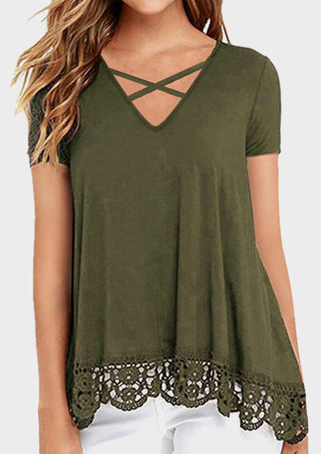 

Blouses Solid Lace Splicing Criss-Cross Blouse - Army Green. Size