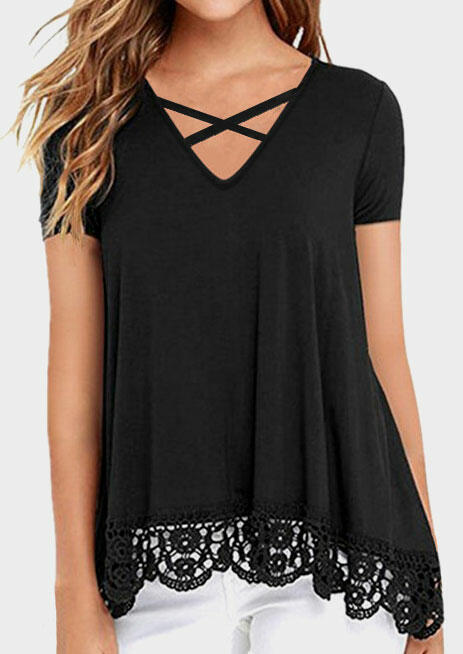 

Solid Lace Splicing Criss-Cross Blouse - Black, 446870