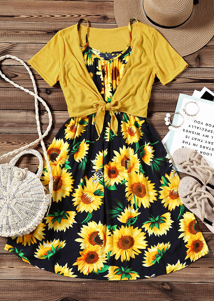 

Sunflower Spaghetti Strap Casual Dress with Coat - Navy Blue, 446920
