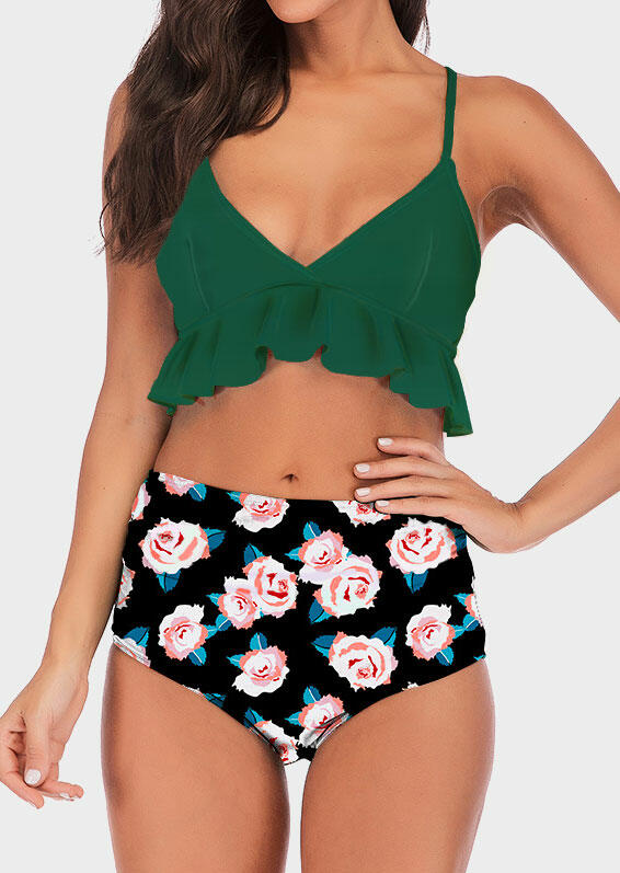 

Floral Ruffled High Waist Bikini Set - Green, 446461