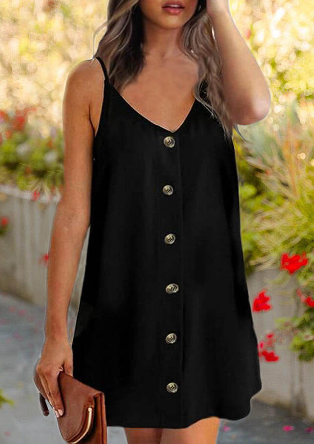 

Solid Button V-Neck Mini Dress - Black, 446986