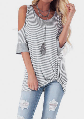 

Blouses Striped Cold Shoulder Blouse without Necklace - Gray. Size