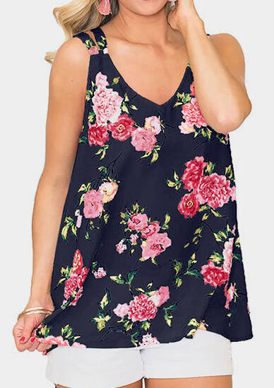 

Tank Tops Floral Printed Slit V-Neck Tank - Navy Blue. Size