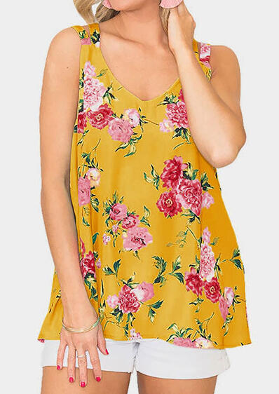 

Tank Tops Floral Printed Slit V-Neck Tank - Yellow. Size: M