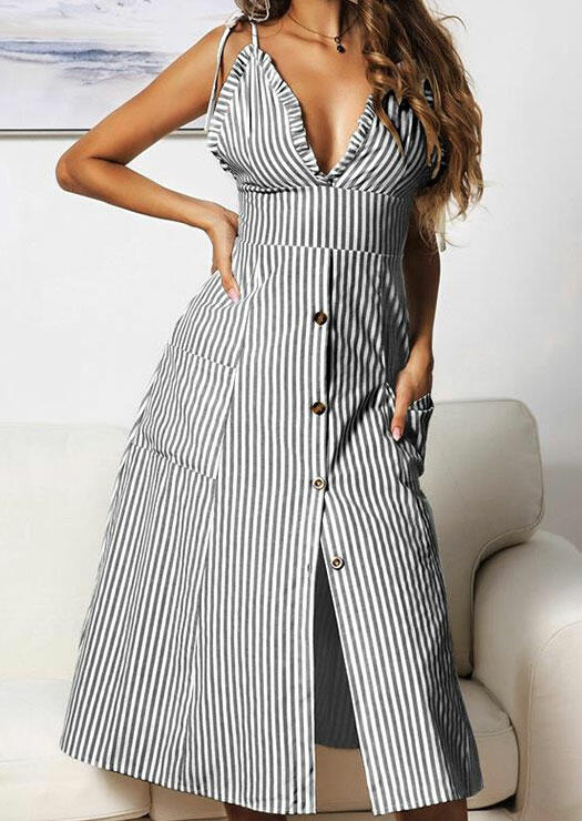 

Striped Button Ruffled Casual Dress without Necklace - Gray, 447159