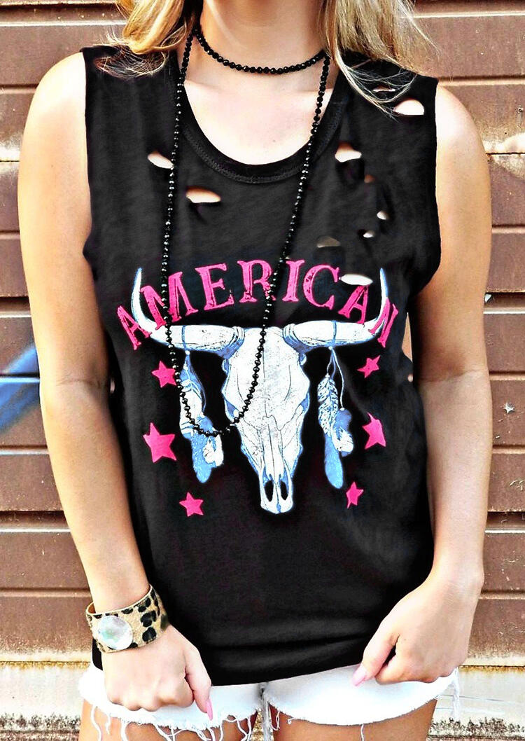 

Tank Tops American Steer Skull Hollow Out Tank without Necklace - Black. Size