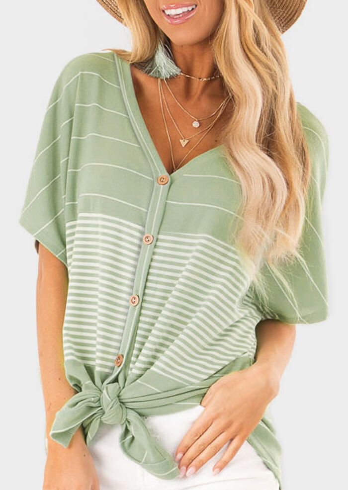 

Striped Button V-Neck Blouse without Necklace - Light Green, 447213