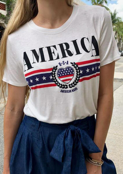 American Flag O-Neck T-Shirt Tee – White