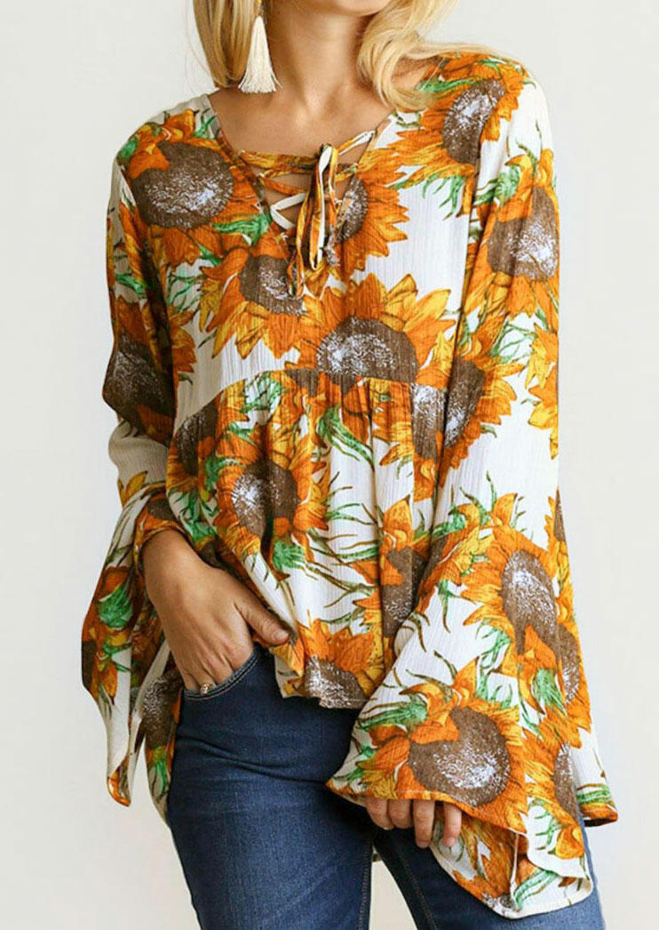

Sunflower Lace-Up Flare Sleeve Casual Blouse Tunic Top, Yellow