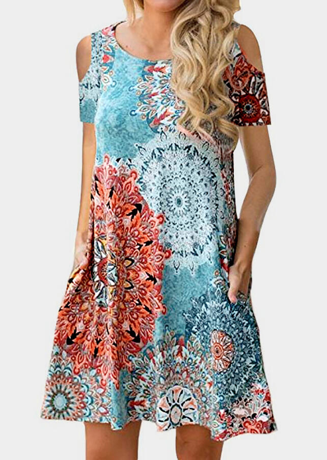 

Mandala Printed Cold Shoulder Casual Dress - Multicolor, 444565