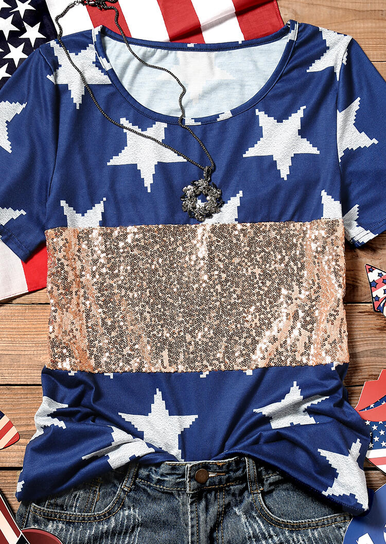 

Tees T-shirts Star Sequined O-Neck T-Shirt Tee - Blue. Size