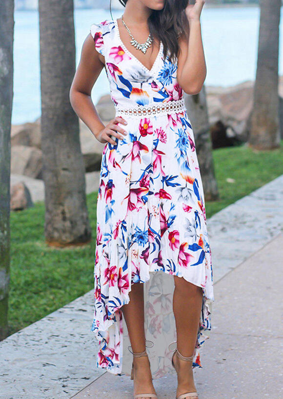 

Floral V-Neck Asymmetric Casual Dress without Necklace - White, 447390