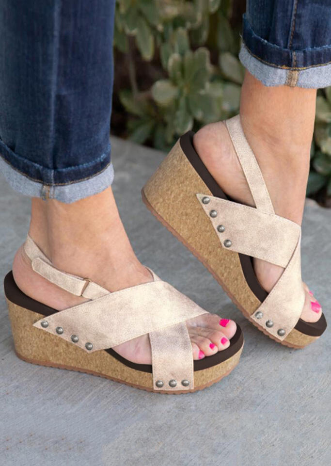 

Wedges Solid Cross Wedge Sandals - Light Khaki. Size