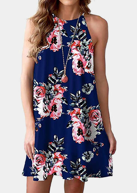 

Mini Dresses Floral Sleeveless Mini Dress without Necklace - Blue. Size
