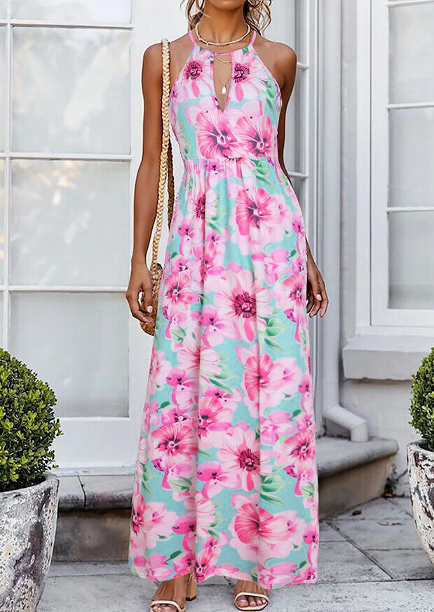 

Floral Hollow Out Maxi Dress without Necklace - Pink, 447544