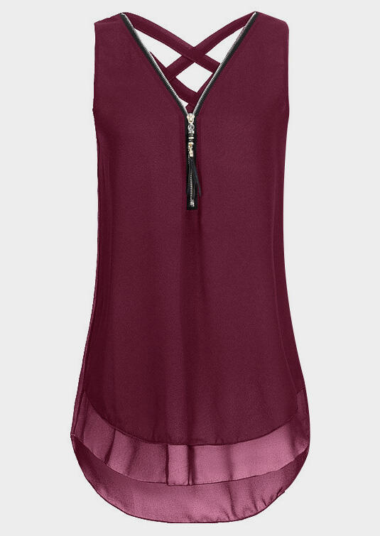 

Solid Criss- Cross Zipper Tank - Burgundy, 447546