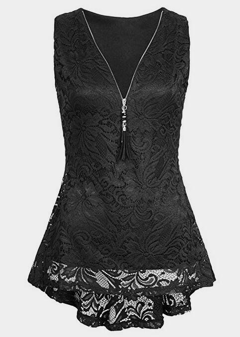 

Solid Lace Splicing Zipper Tank - Black, 445700